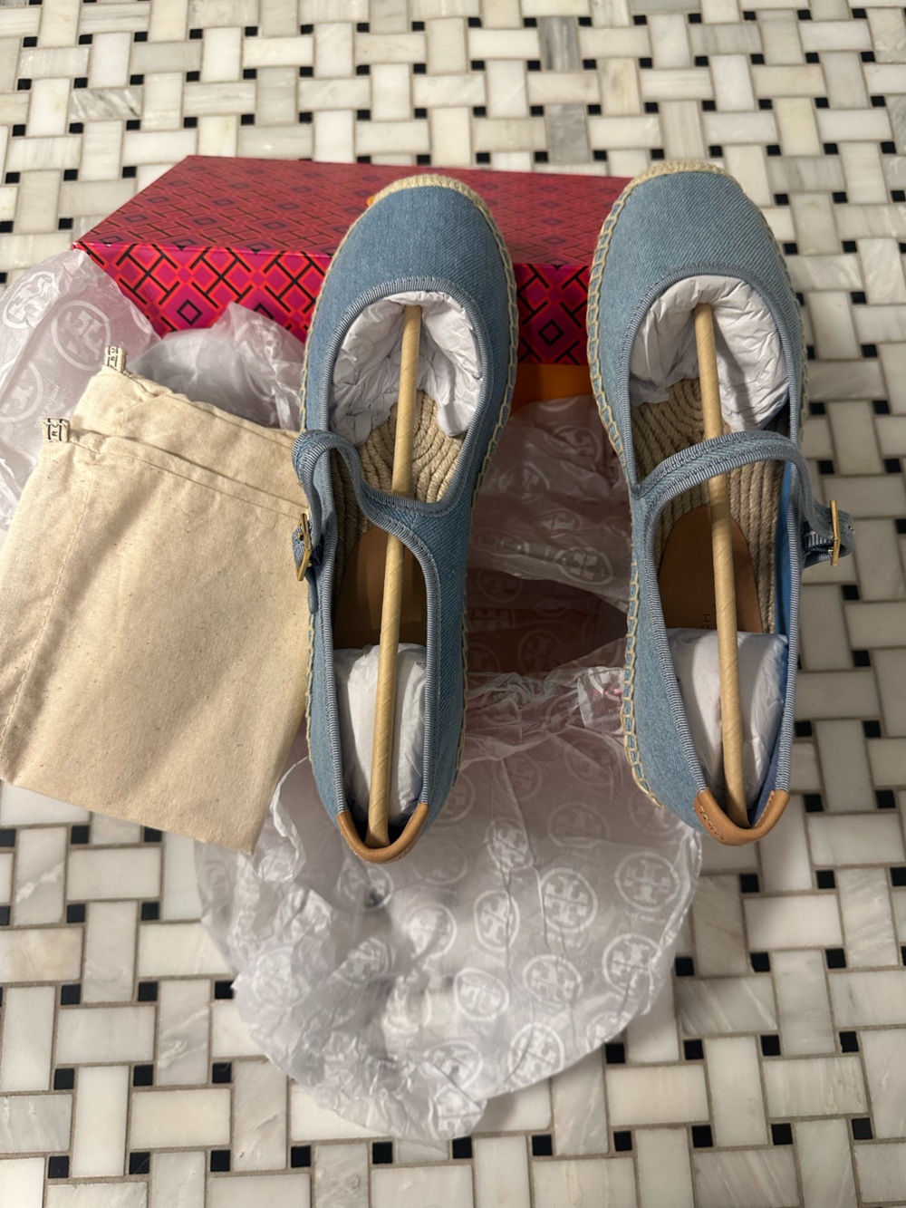 Tory Burch Denim Blue Espadrille Flats with Natural Jute Trim NWT